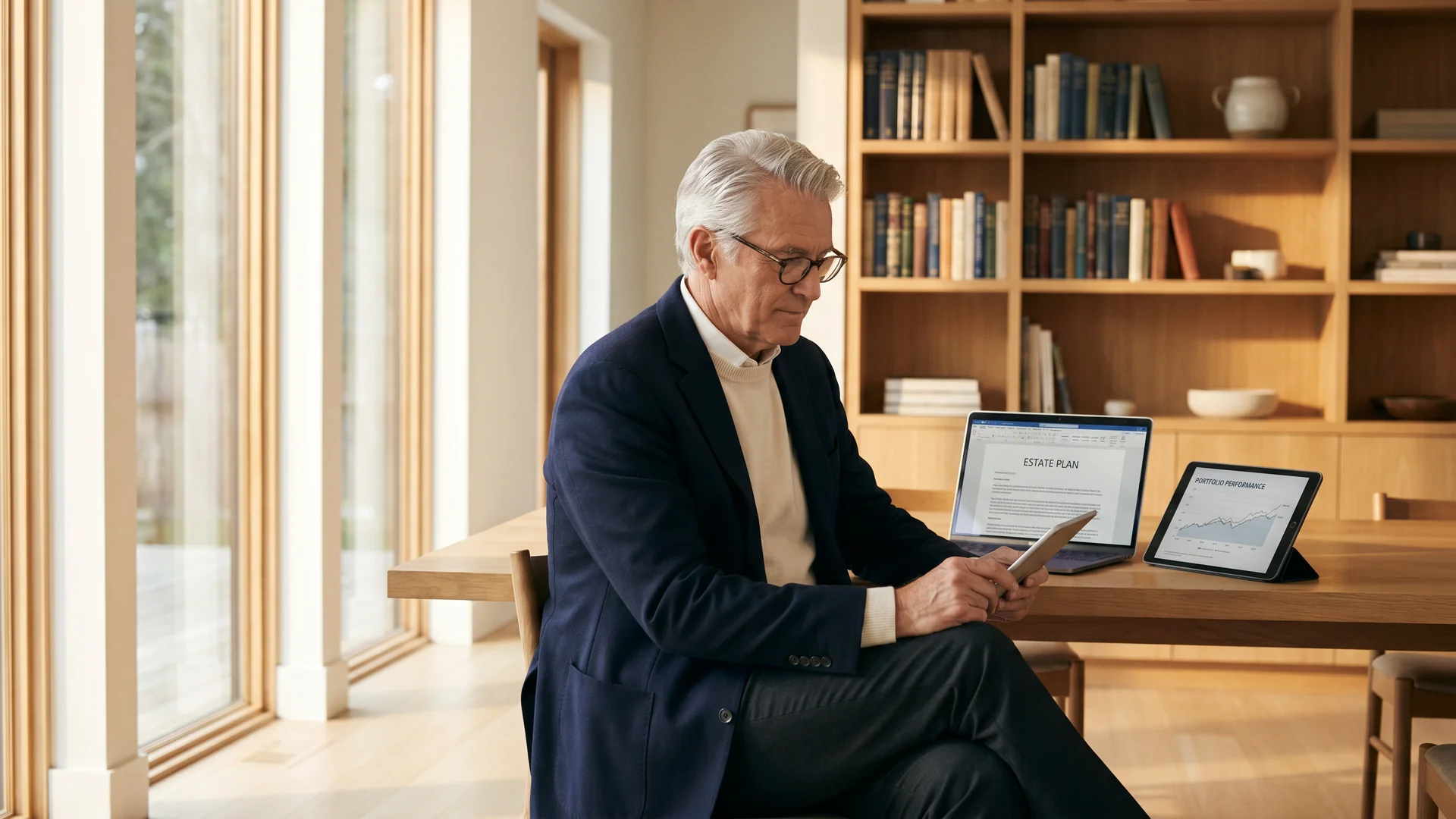 Senior attorney reviewing estate planning in elegant home office
