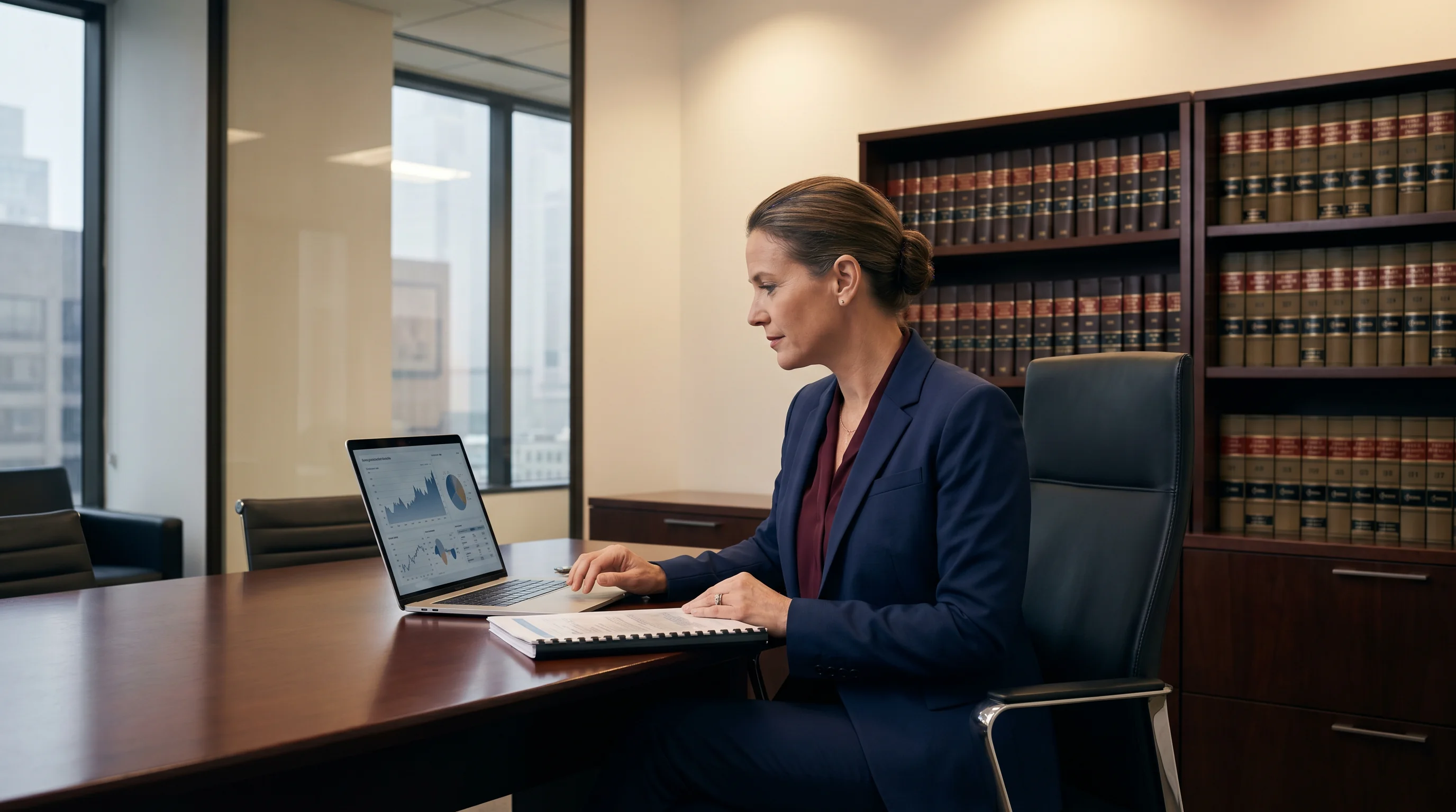 Attorney reviewing investment portfolio in law firm office