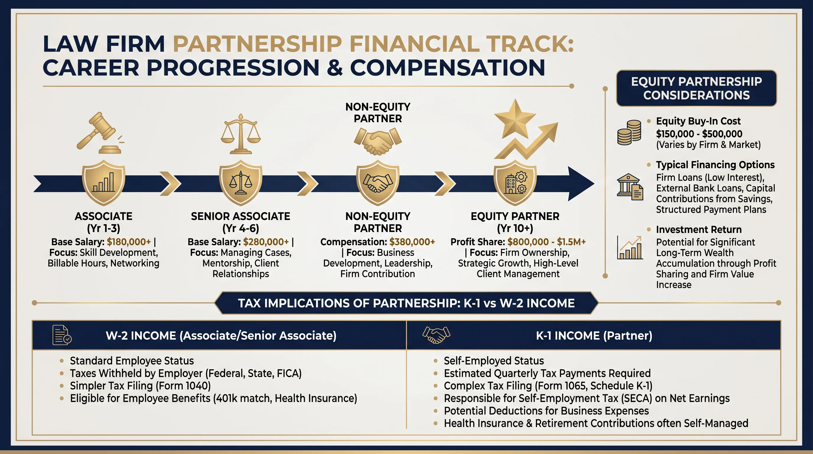 Law firm partnership track — income, equity buy-in, and K-1 tax